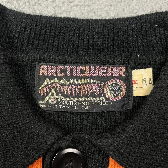 Arctic Wear Arctic Cat Vintage 80s Black Orange 1/4 Button Up Snowmobile Sweater - Picture 2 of 8